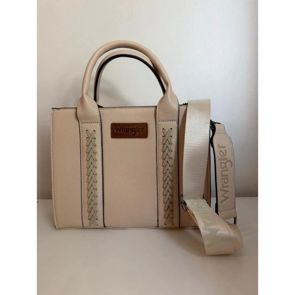 Wrangler Beige Whipstitch Tote Crossbody Purse with Logo Strap